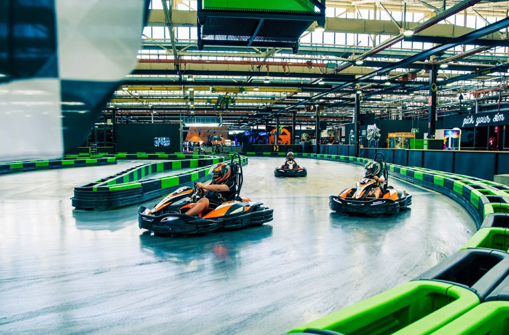 The bright green e-kart track at Entertainment Park, Sydney.